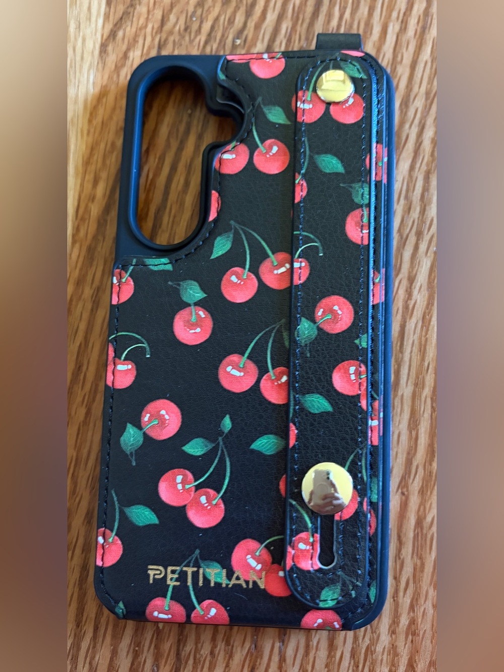 Black Cherry Print Wallet Phone Case with Hand Strap
